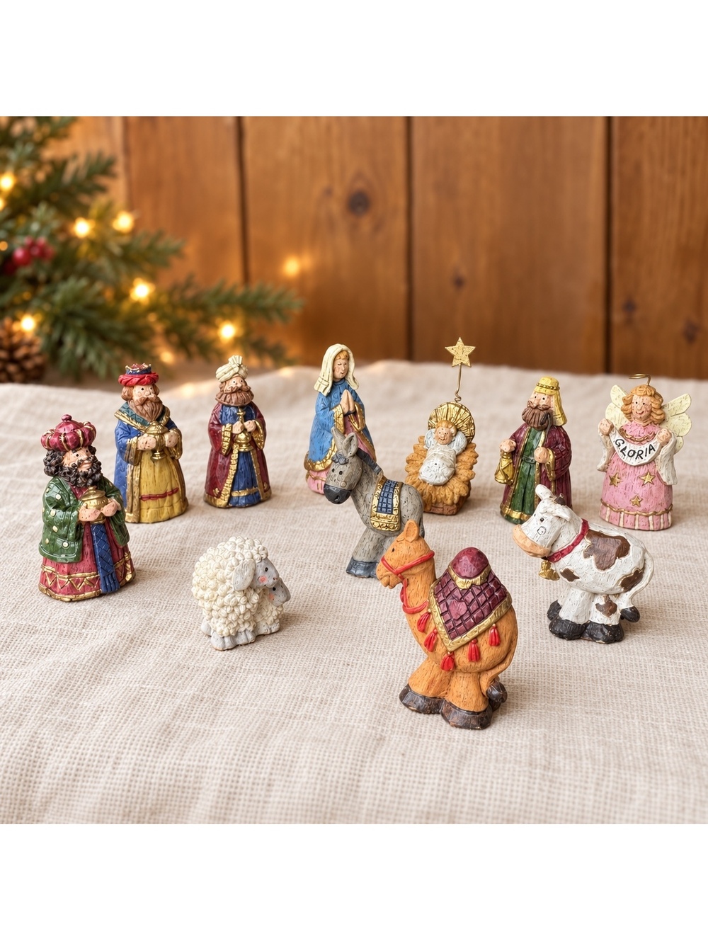 Giftco Miniature Nativity Set Polystone Folk Art Primitive Christmas 11 Piece